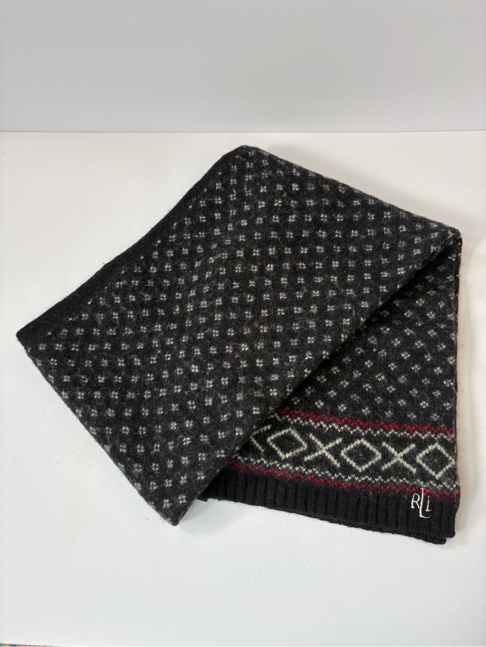 Lauren Ralph Lauren Black White Red Print Lambs Wool Blend XOXO Scarf Preppy OS